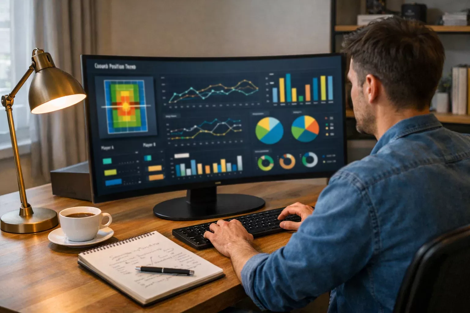 Persona estudiando datos de partidos de tenis en pantalla con gráficos de cuotas y estadísticas