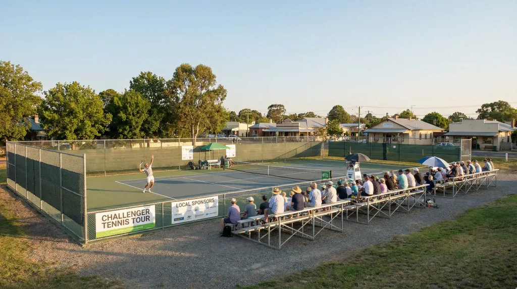 Pista de tenis de torneo Challenger con gradas pequeñas y jugador al fondo