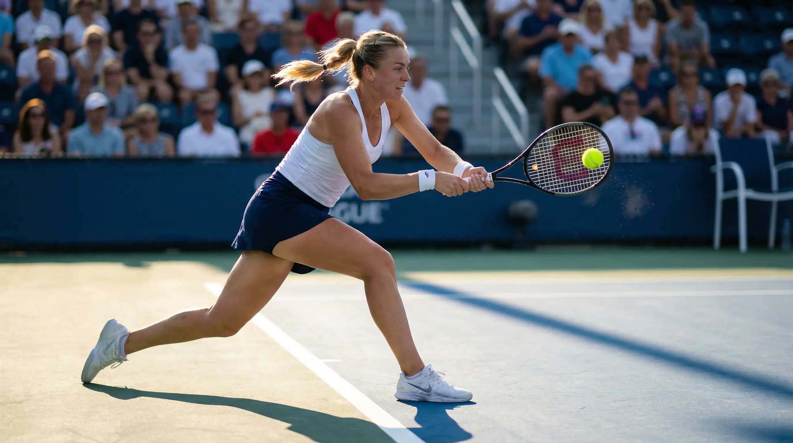 Jugadora de tenis profesional golpeando un revés en pista dura