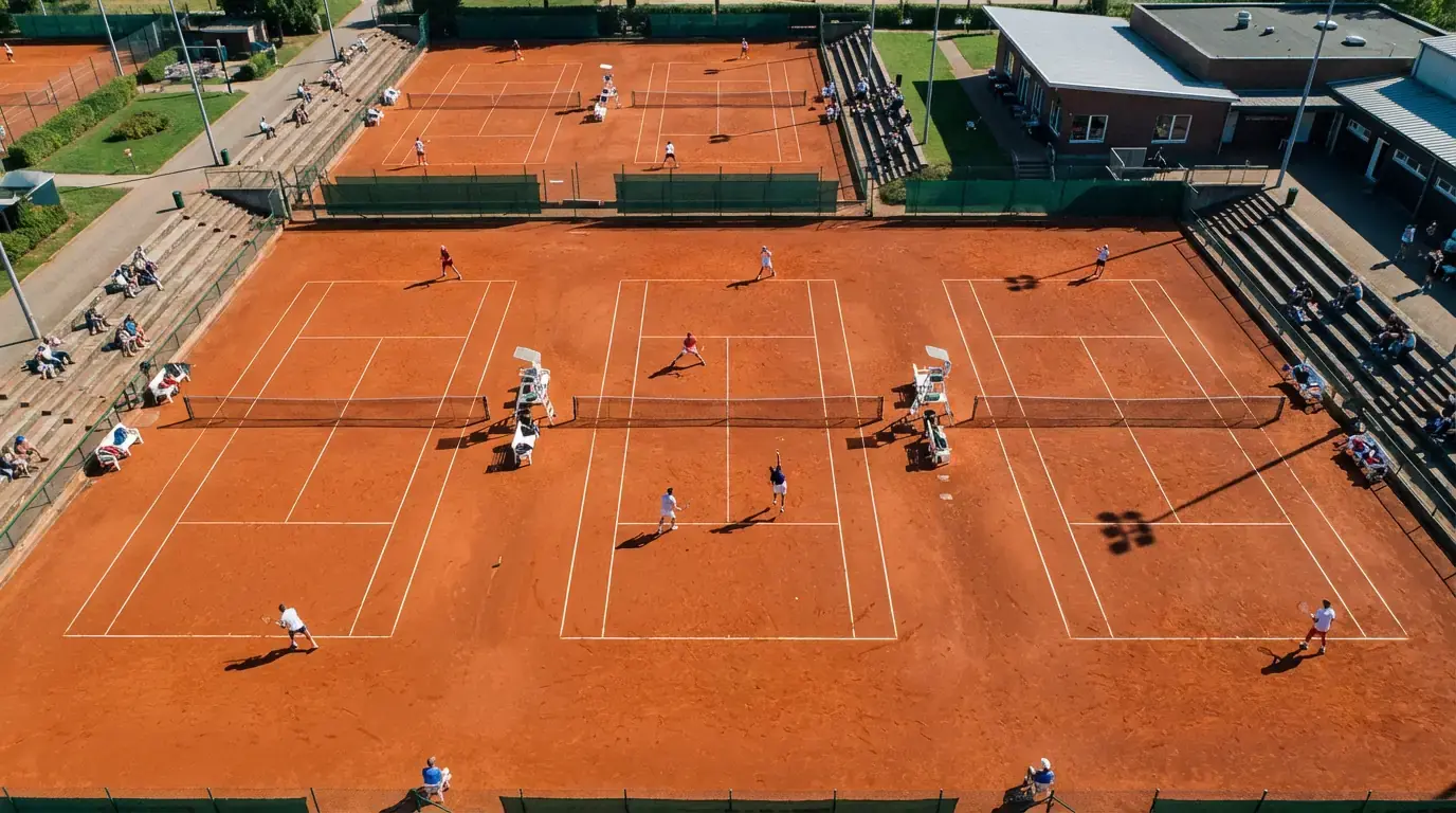 Varios partidos de tenis simultáneos en las pistas exteriores de un torneo profesional