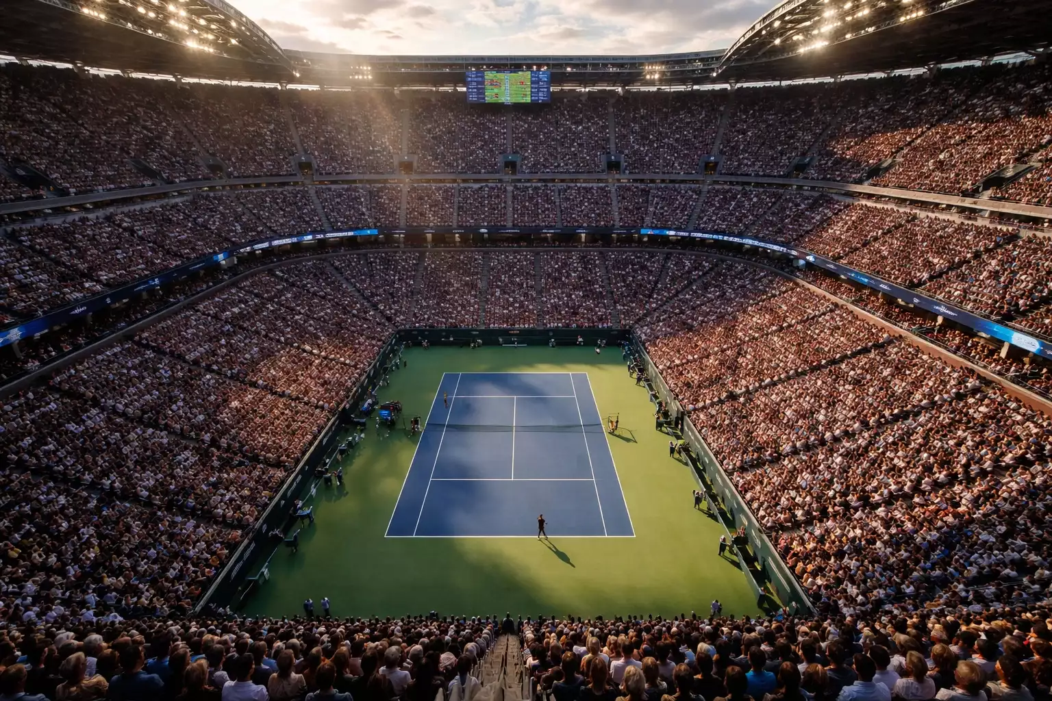 Aficionado siguiendo un partido de tenis en vivo desde las gradas con dispositivo móvil en mano