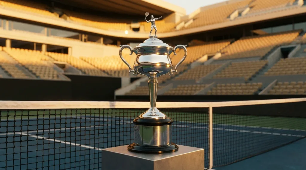 Trofeo de un torneo de tenis sobre una mesa junto a la pista central de un Grand Slam