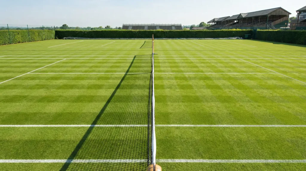 Pista de tenis de hierba verde con las líneas blancas y una red bajo la luz del sol