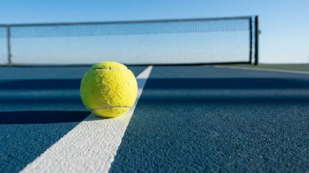 Pista de tenis de superficie dura azul con una pelota amarilla en primer plano