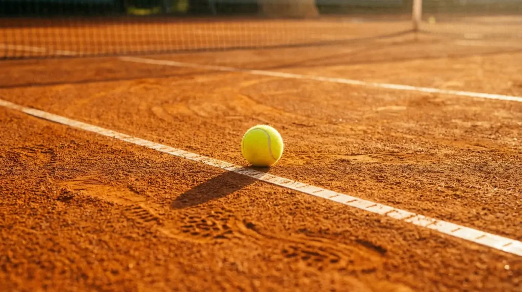 Pista de tenis de tierra batida con las líneas marcadas y una pelota sobre la arcilla naranja