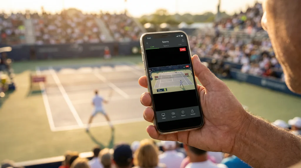 Mano de apostador con teléfono móvil siguiendo un partido de tenis en directo