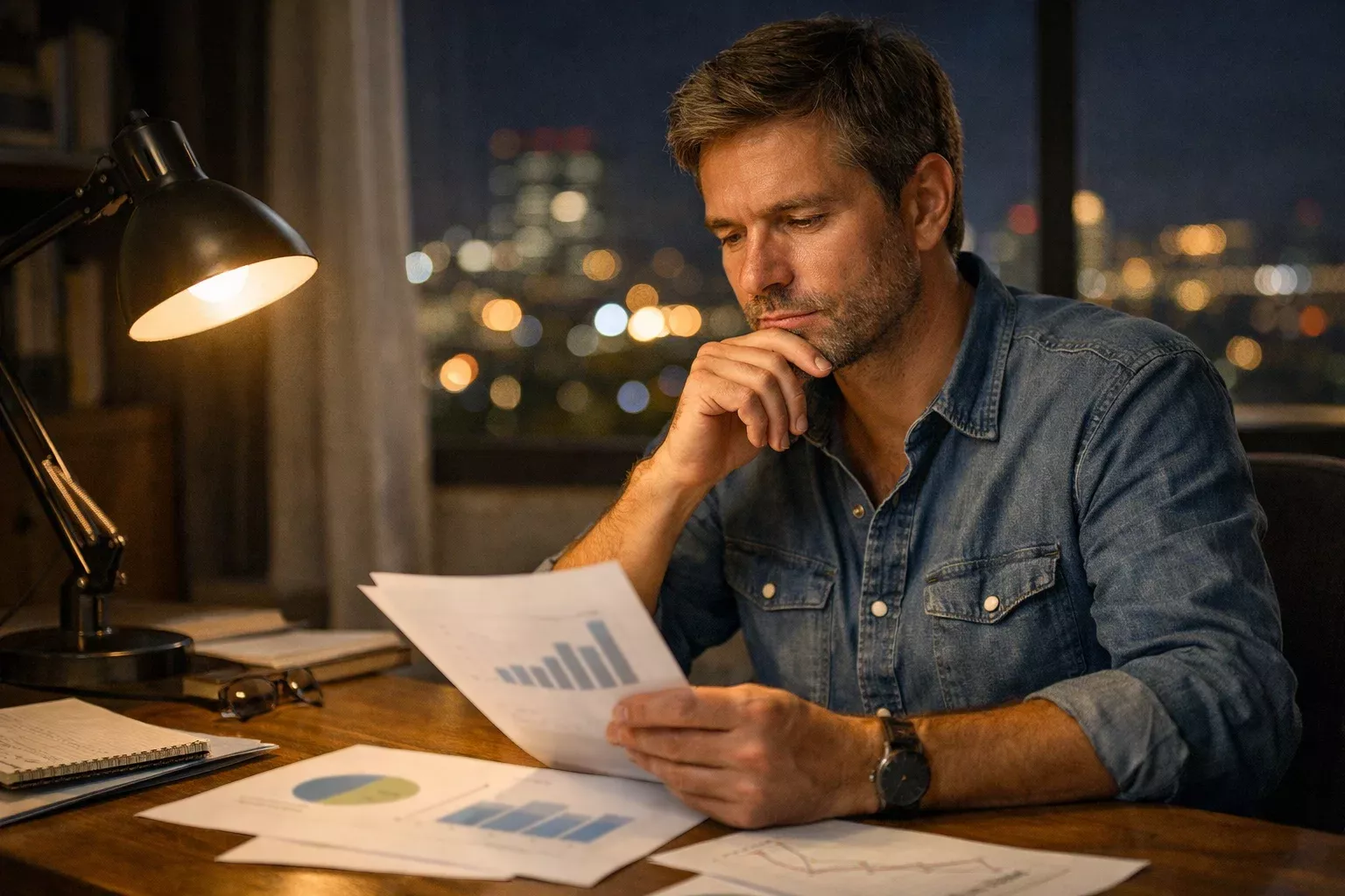 Apostador concentrado revisando análisis en su escritorio de trabajo