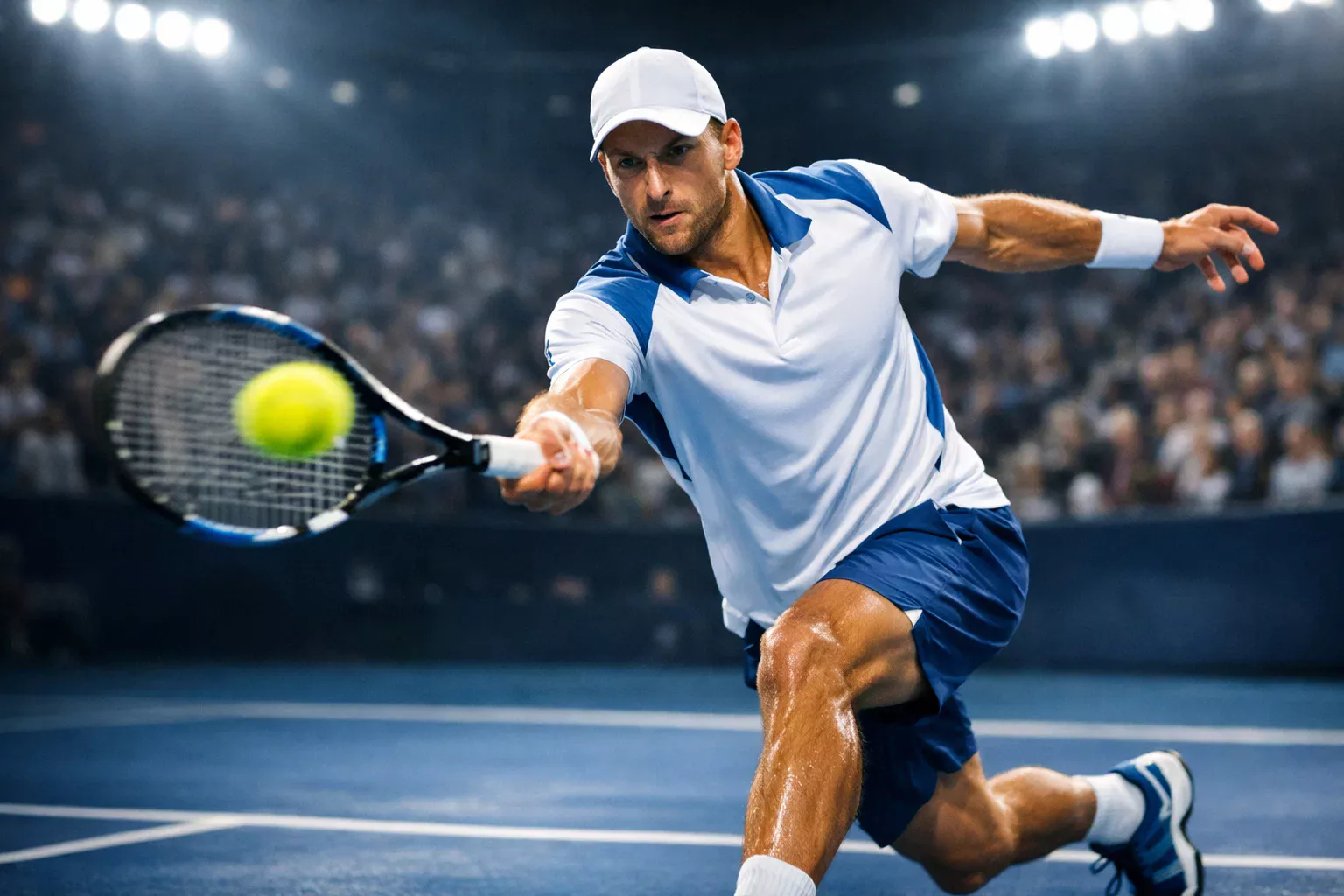 Tenista profesional ejecutando un golpe potente en pista de tenis