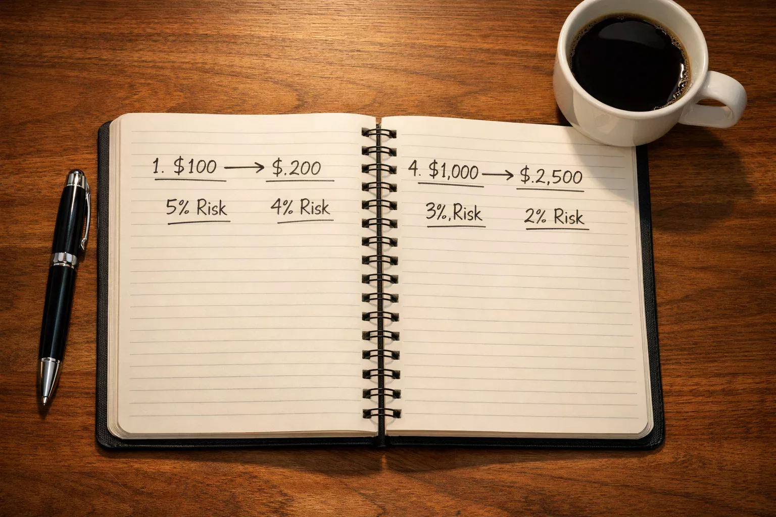 Cuaderno con notas de gestión de bankroll y anotaciones numéricas