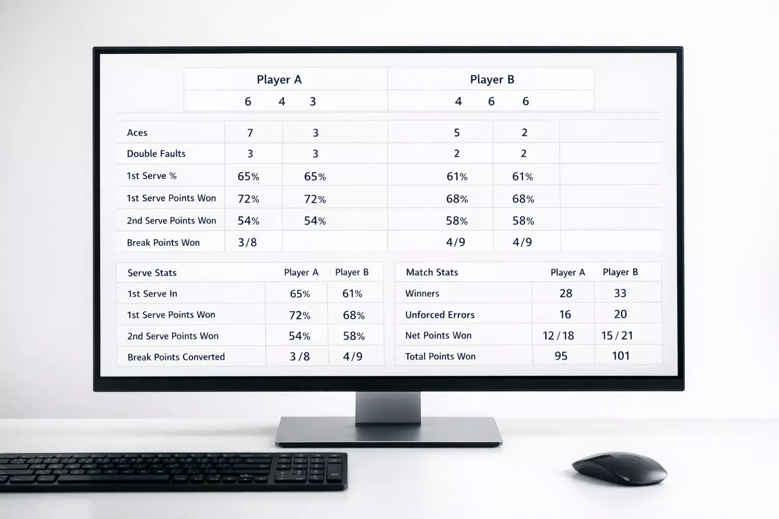 Pantalla de ordenador mostrando estadísticas detalladas de jugadores de tenis