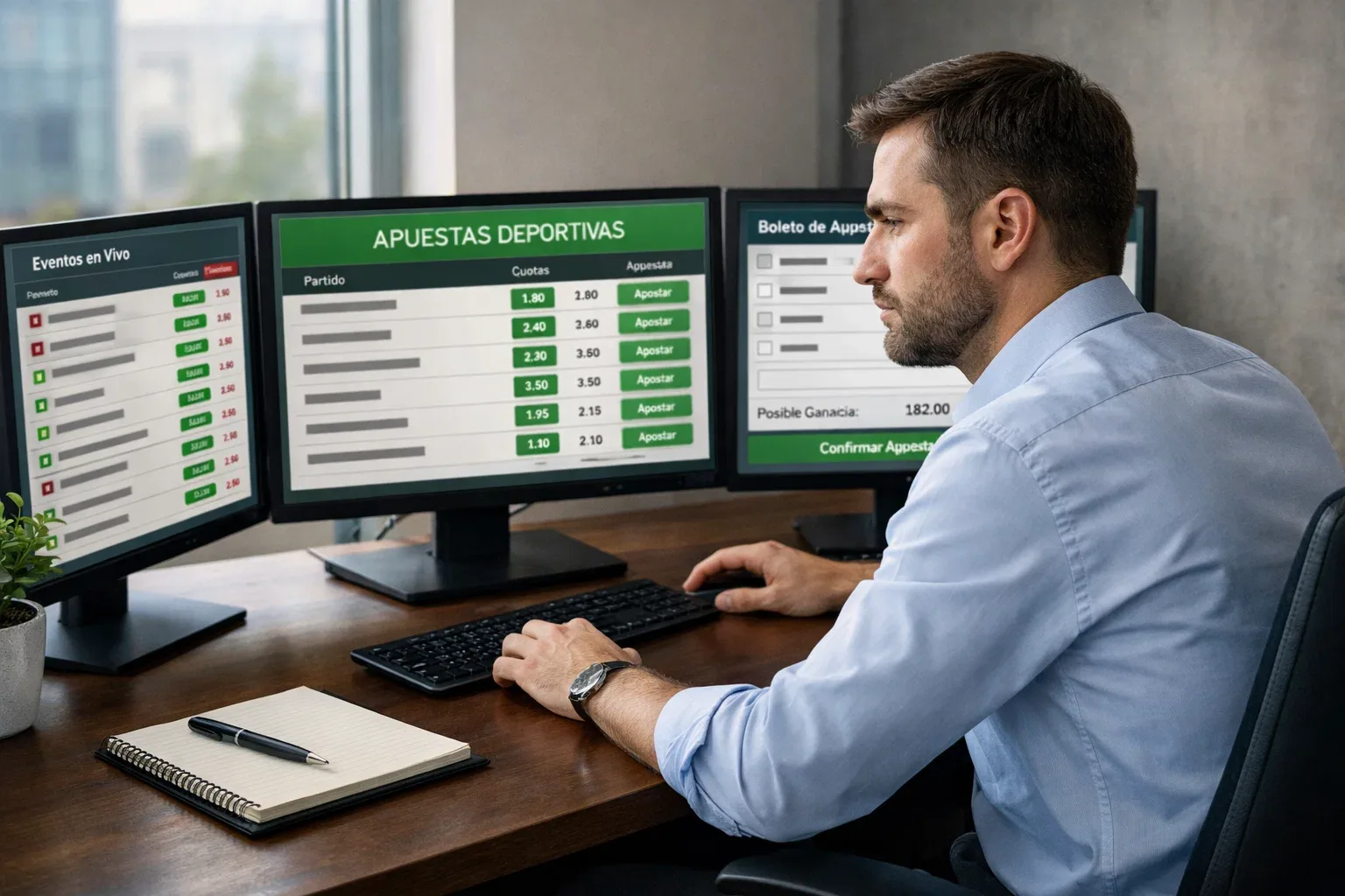 Analista observando múltiples pantallas con gráficos de cuotas de tenis