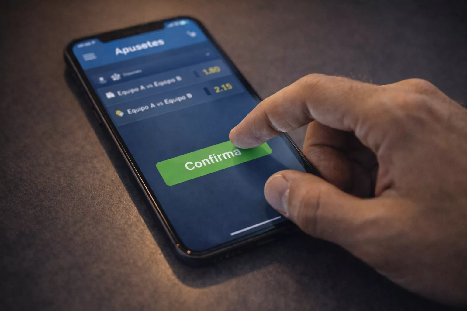 Mano tocando pantalla de móvil con aplicación de apuestas deportivas