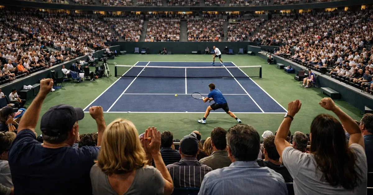 Partido de tenis en vivo con público animando en las gradas