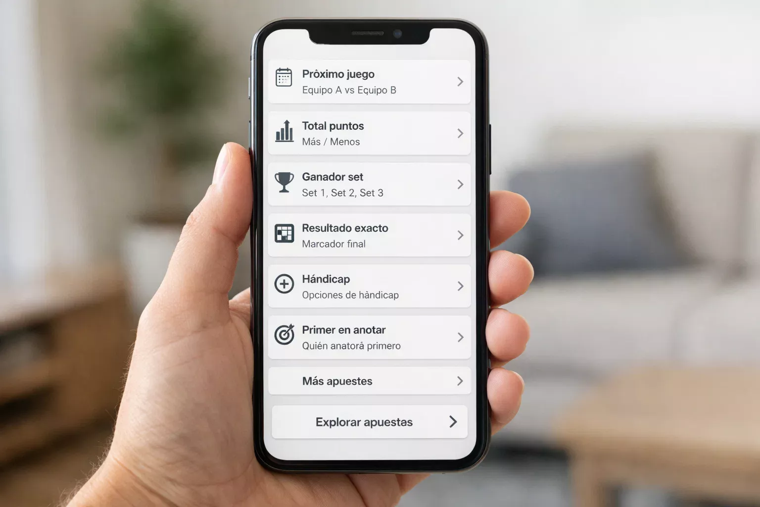 Interfaz limpia de plataforma de apuestas con opciones de mercados