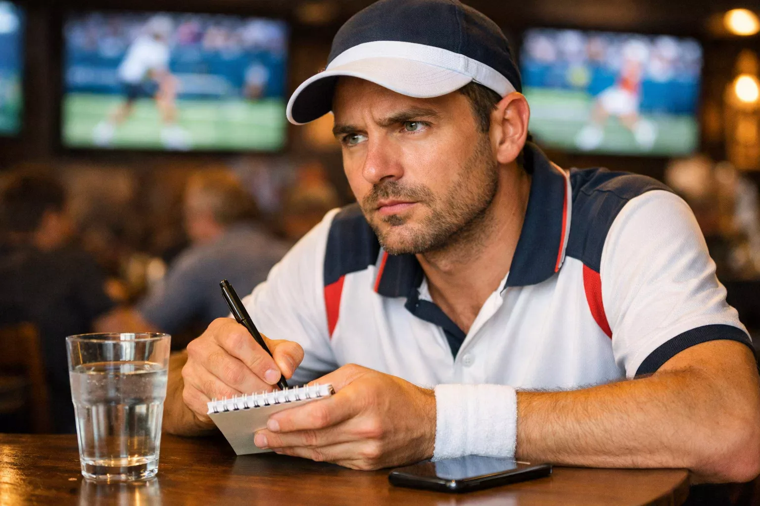 Aficionado tomando notas mientras observa partido de tenis atentamente