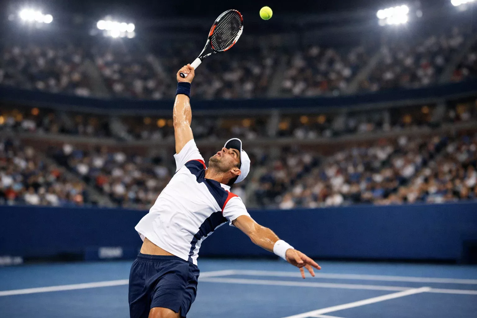 Jugador de tenis sirviendo potente en pista dura azul