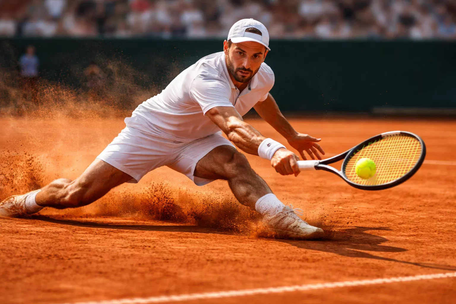 Tenista deslizándose sobre arcilla roja ejecutando devolución defensiva