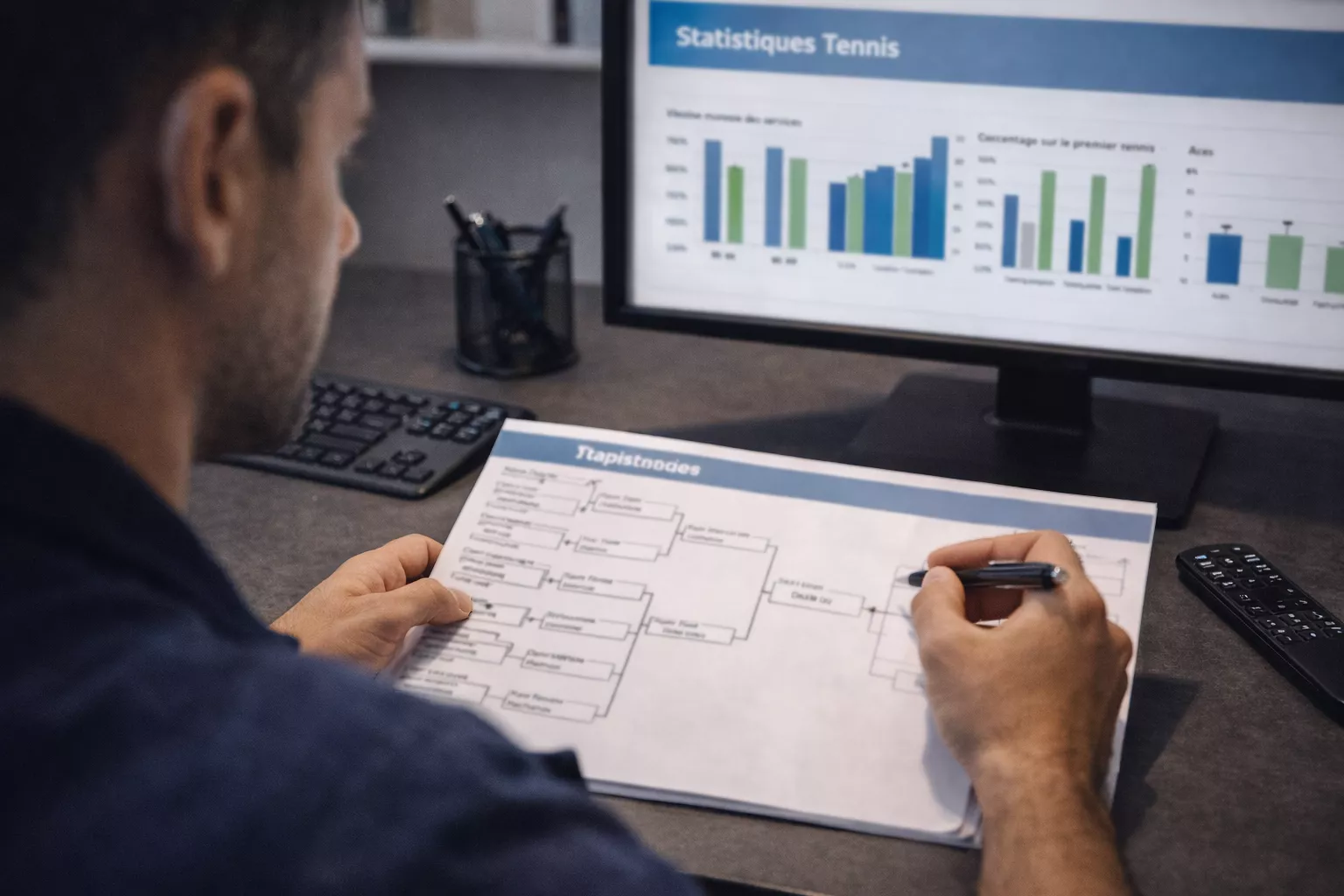 Analista revisando cuadro de torneo de tenis con anotaciones de pronósticos
