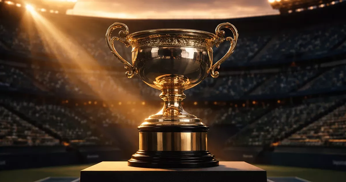 Trofeo de Grand Slam de tenis iluminado en estadio profesional
