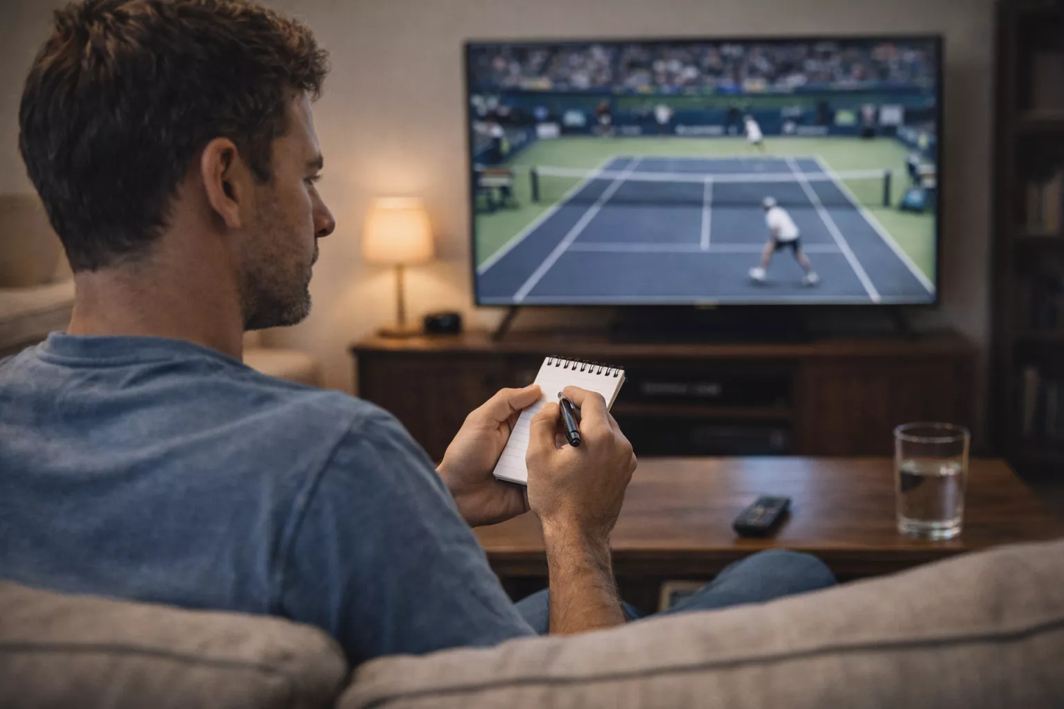 Aficionado al tenis tomando notas mientras ve partido femenino en televisión