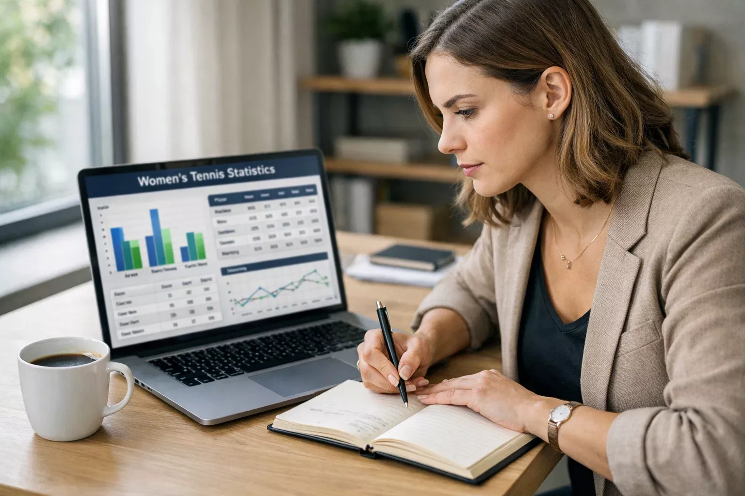 Persona analizando estadísticas de tenis femenino en ordenador portátil