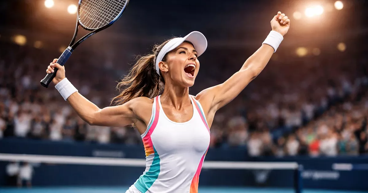 Tenista profesional femenina celebrando victoria en pista de tenis