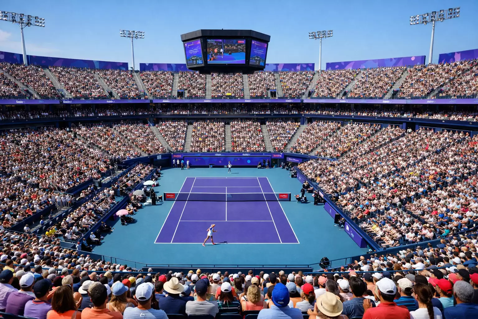 Estadio de tenis con público durante torneo WTA 1000