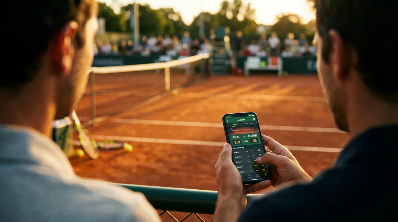 Pantalla de cuotas en un torneo de tenis con pista de tierra batida al fondo