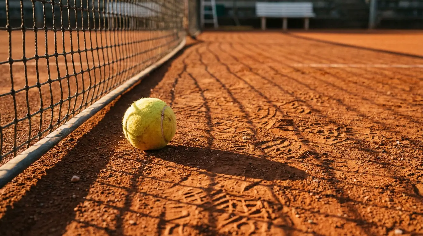Pelota de tenis junto a una red en una pista de tierra batida vacía