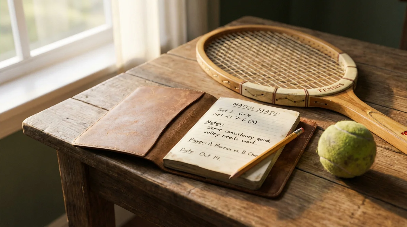 Raqueta de tenis junto a una libreta con estadísticas de un partido sobre una mesa
