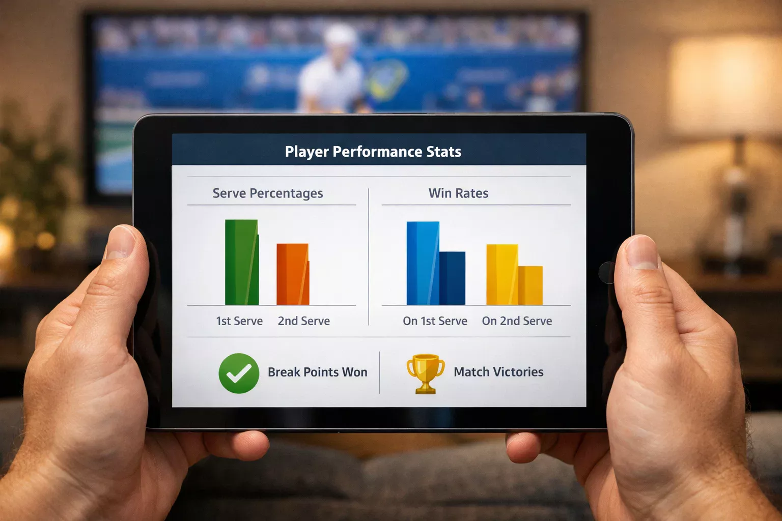 Análisis detallado de estadísticas de un tenista profesional con porcentajes de servicio y puntos ganados