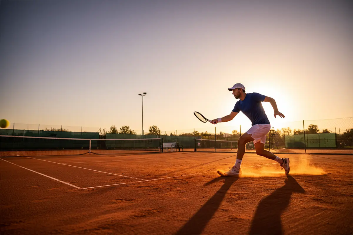 Tenista concentrado durante un entrenamiento intenso en una pista de tenis al atardecer