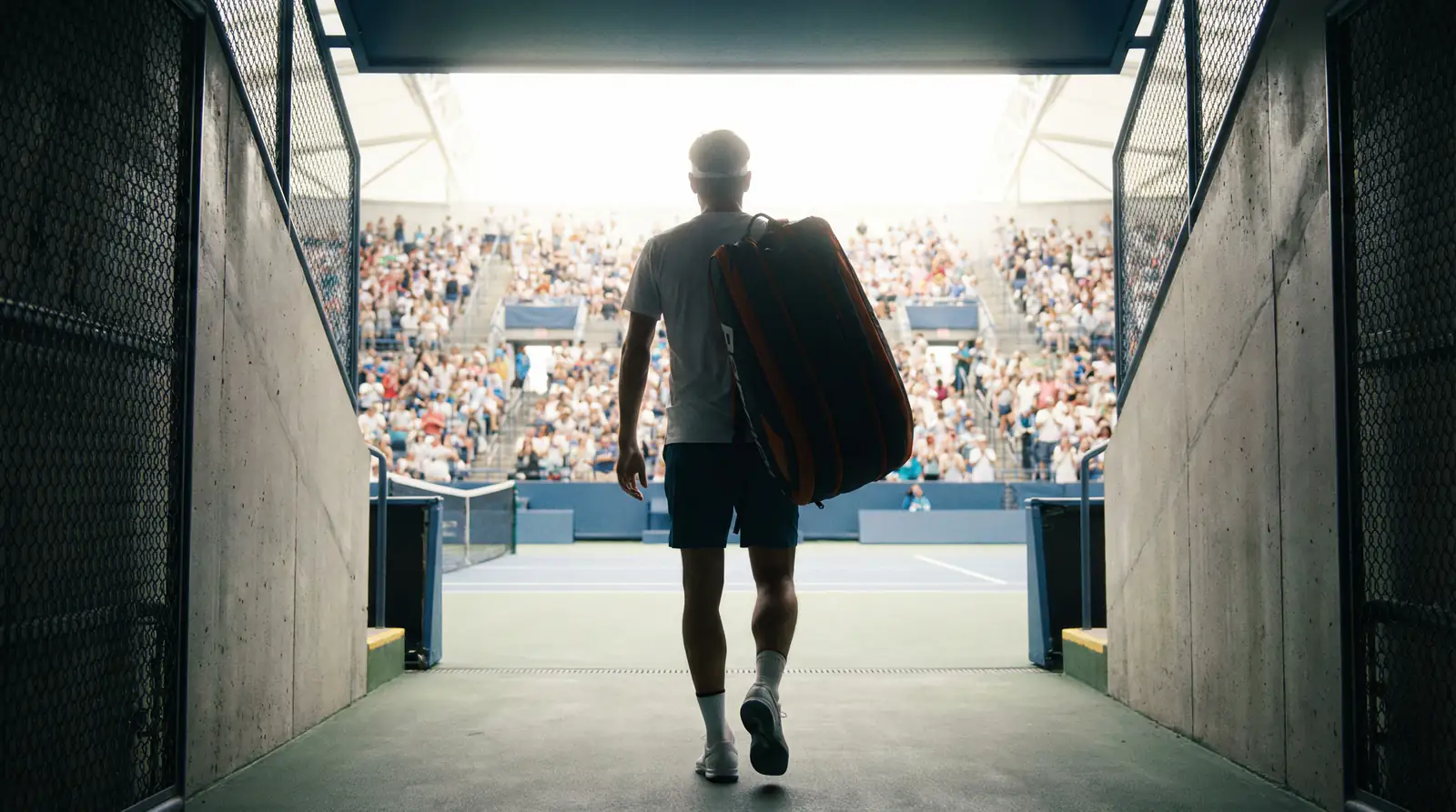 Jugador de tenis de élite entrando a la pista central de un Grand Slam ante el público