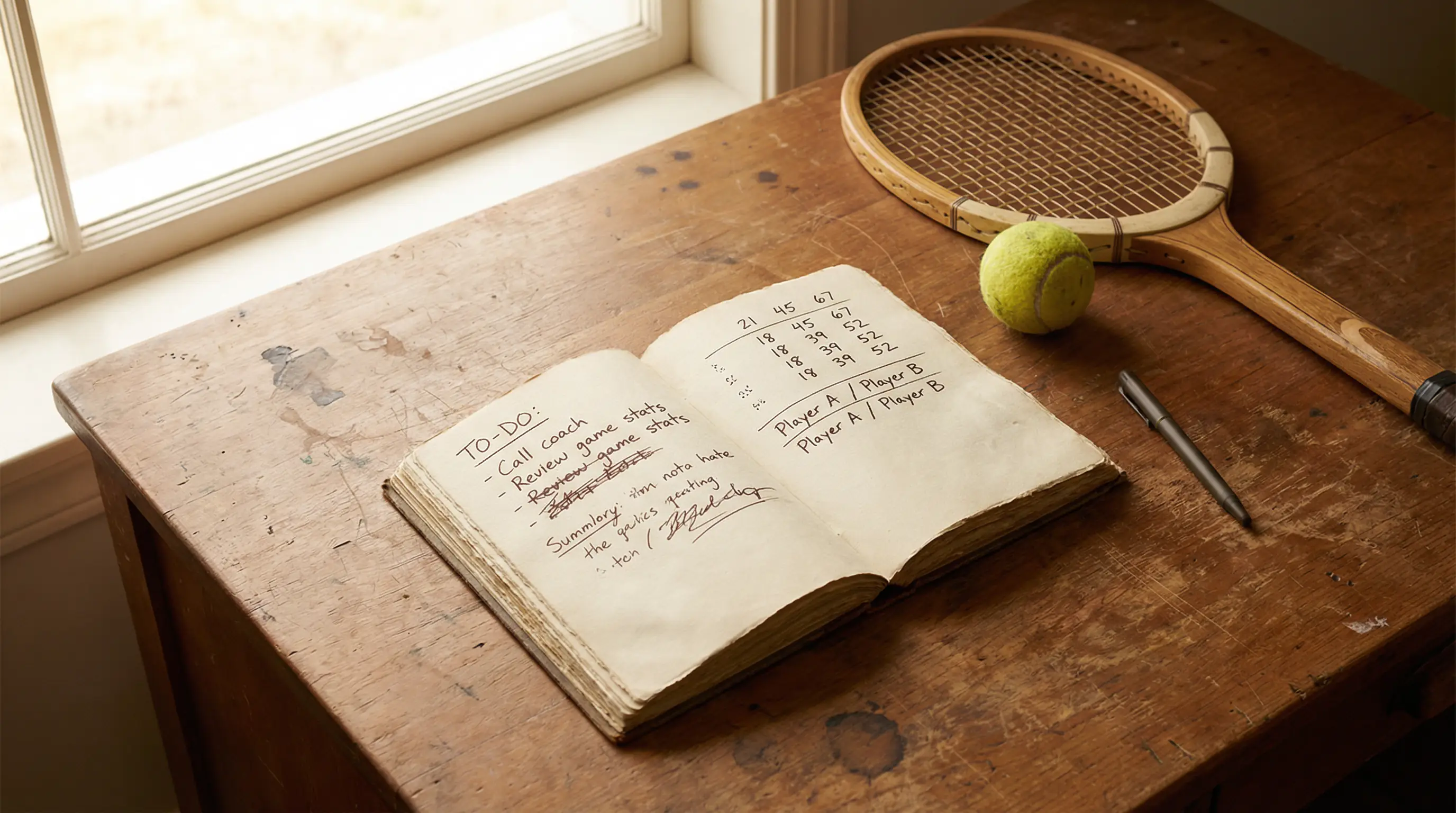 Cuaderno abierto con anotaciones de apuestas junto a una raqueta de tenis