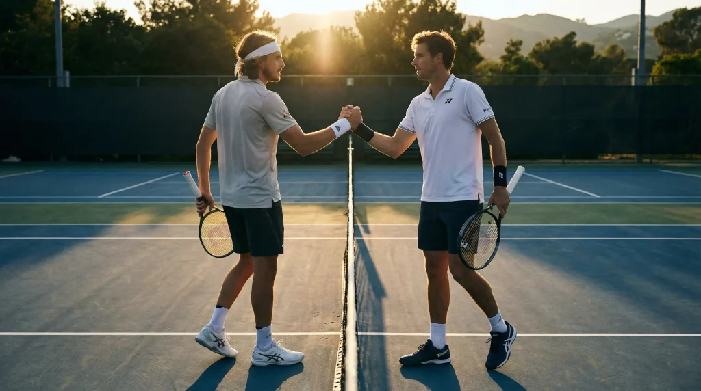 Dos tenistas frente a frente en la red de una pista de tenis antes de un partido