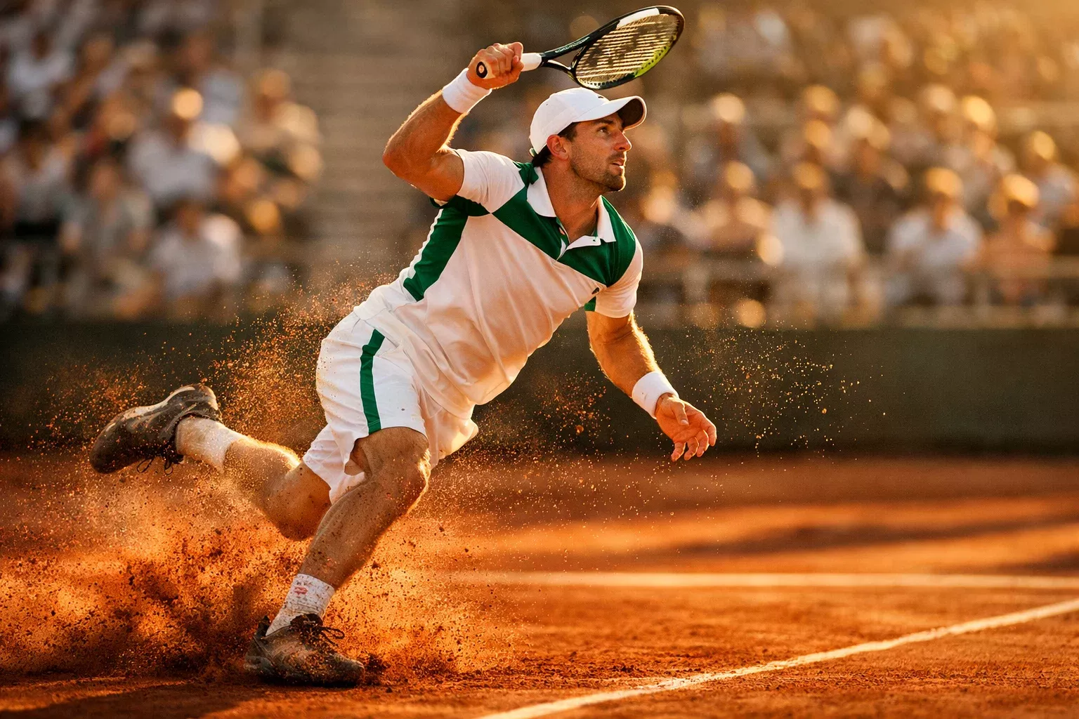 Jugador de tenis profesional en plena acción durante un saque potente en una pista de tierra batida
