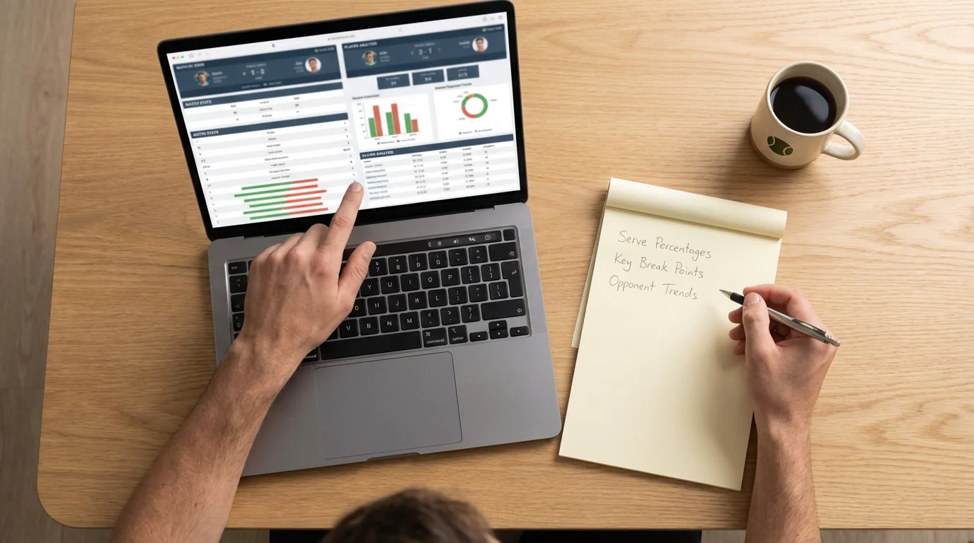 Persona analizando datos de tenis en una pantalla de ordenador con notas a mano
