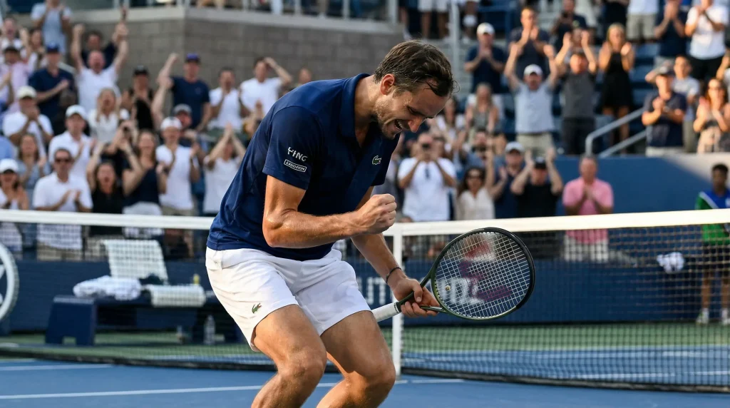 Tenista celebrando un punto decisivo con el puño en alto en la pista