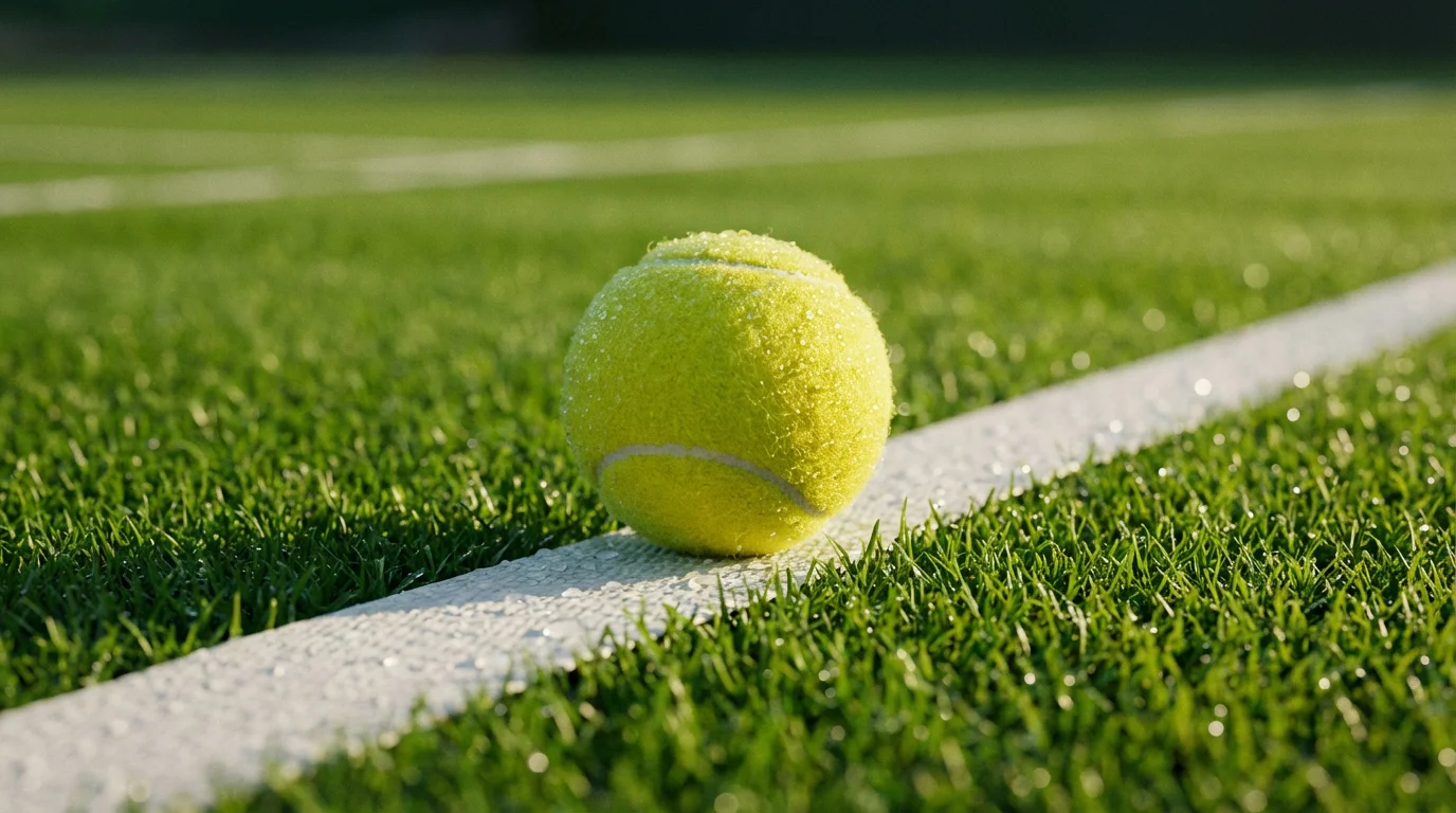 Pelota de tenis sobre la red en una pista de hierba durante un partido largo y disputado