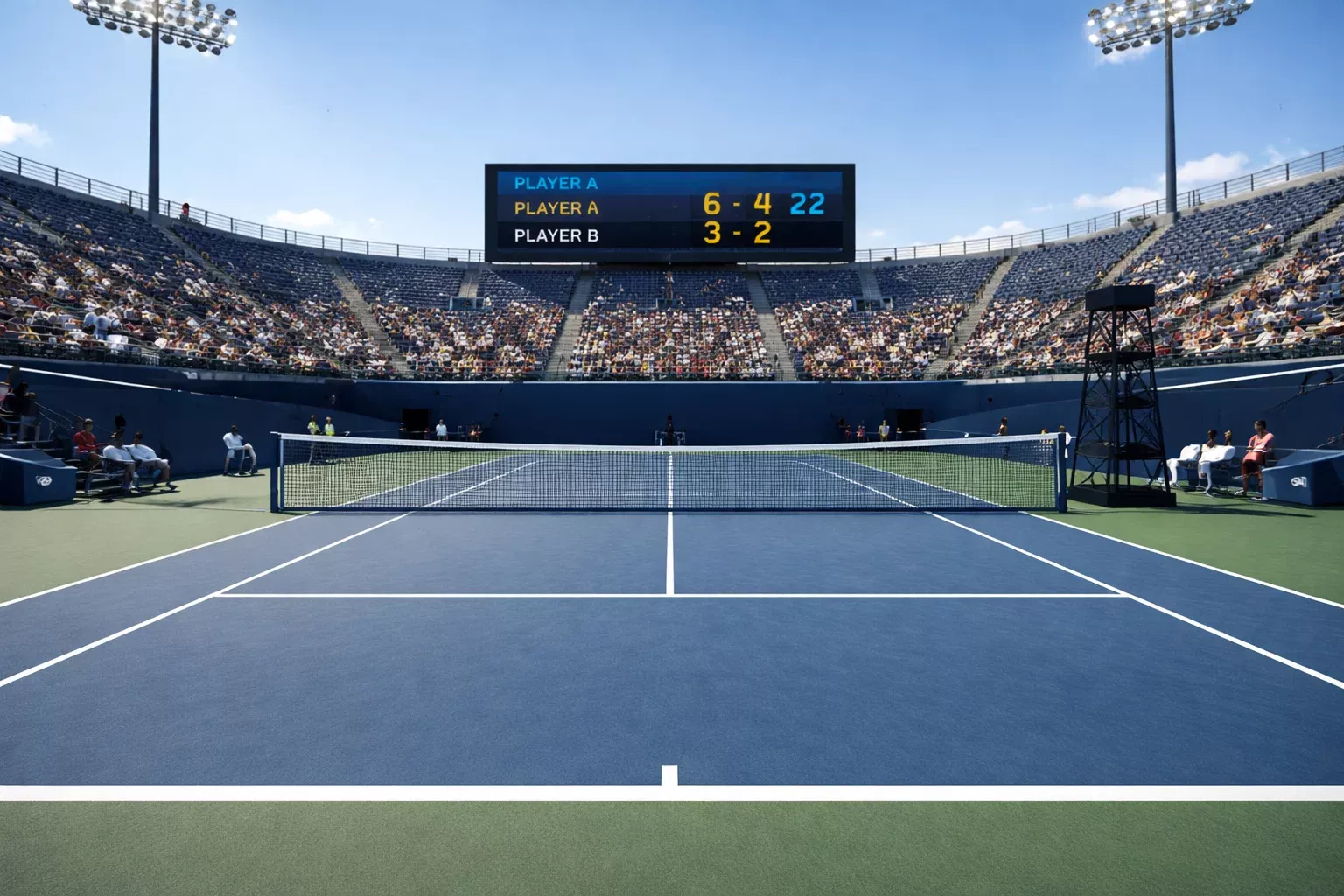Pista de tenis profesional con marcador electrónico mostrando sets y juegos durante un partido