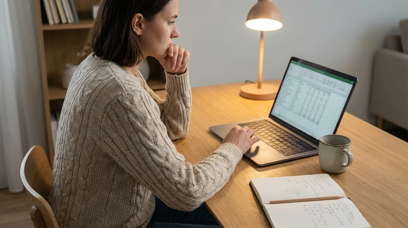 Persona concentrada analizando estadísticas de tenis en una mesa de trabajo