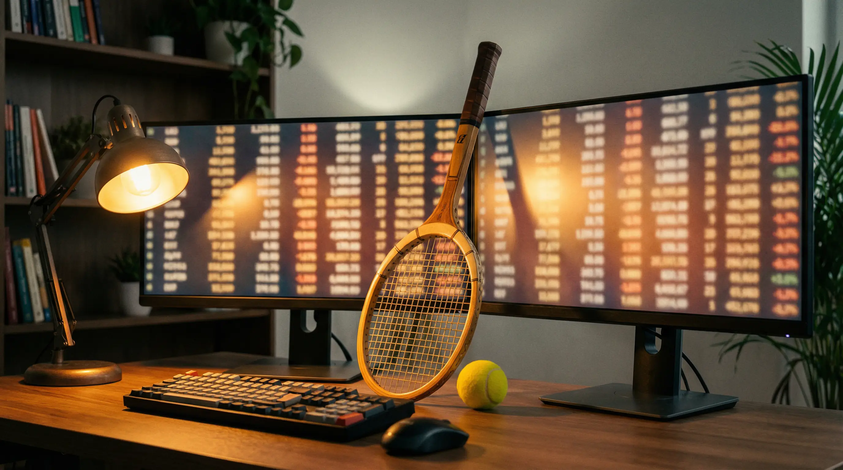 Dos pantallas de ordenador mostrando cuotas de casas de apuestas con una raqueta de tenis al lado