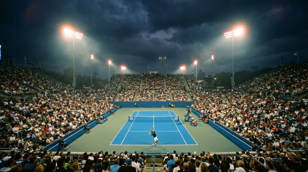 Pista de tenis del US Open iluminada por la noche en el Arthur Ashe Stadium